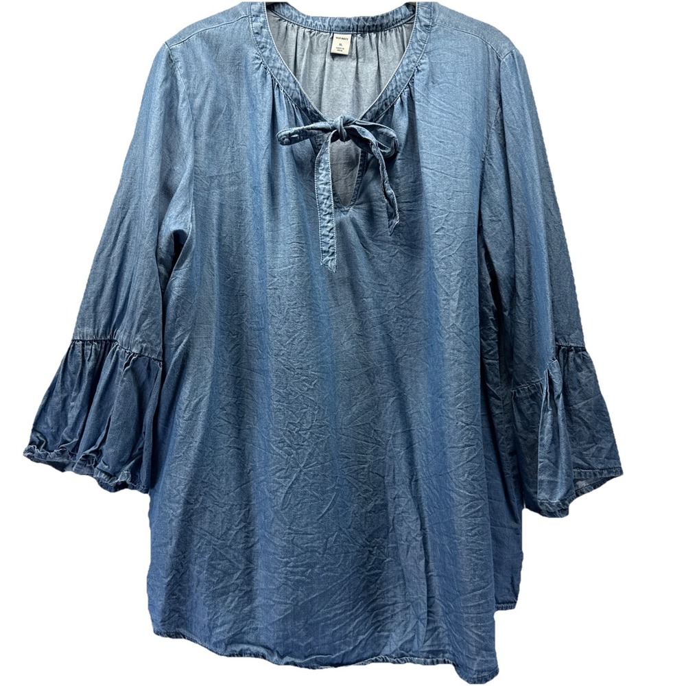 Old Navy Women's Bohemian Top Size XL Denim Blue Lyocell Ruffle Bell Sleeve Tie